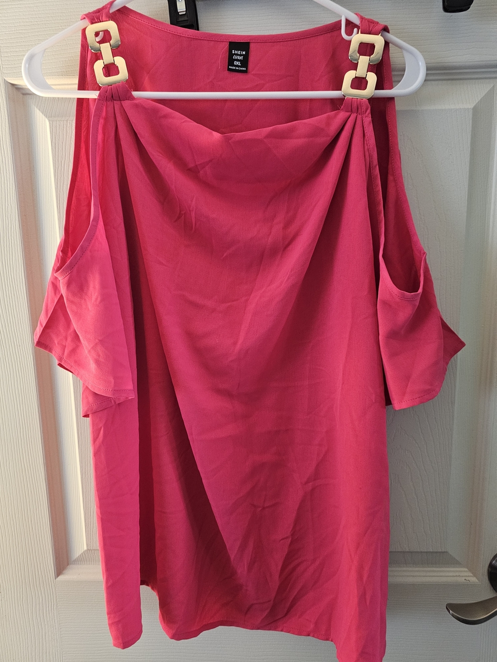 SHEIN Hot Pink Cold-Shoulder Blouse with Gold Link Straps